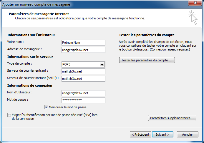 Etape 5 - Configurer un compte de messagerie avec Outlook